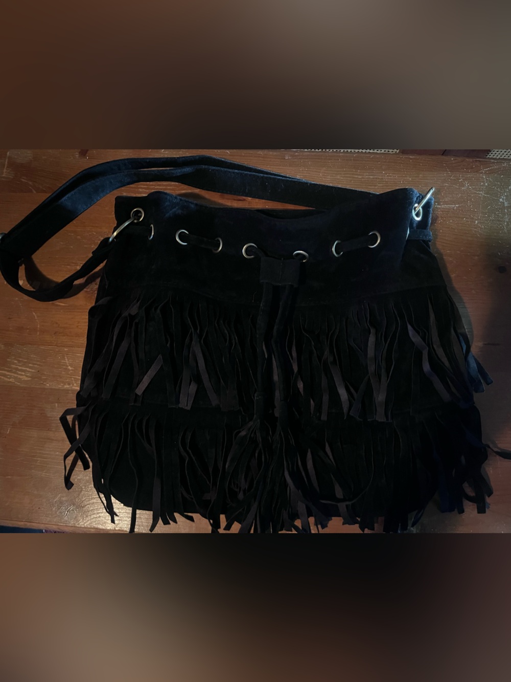 black suede fringe shoulder bag